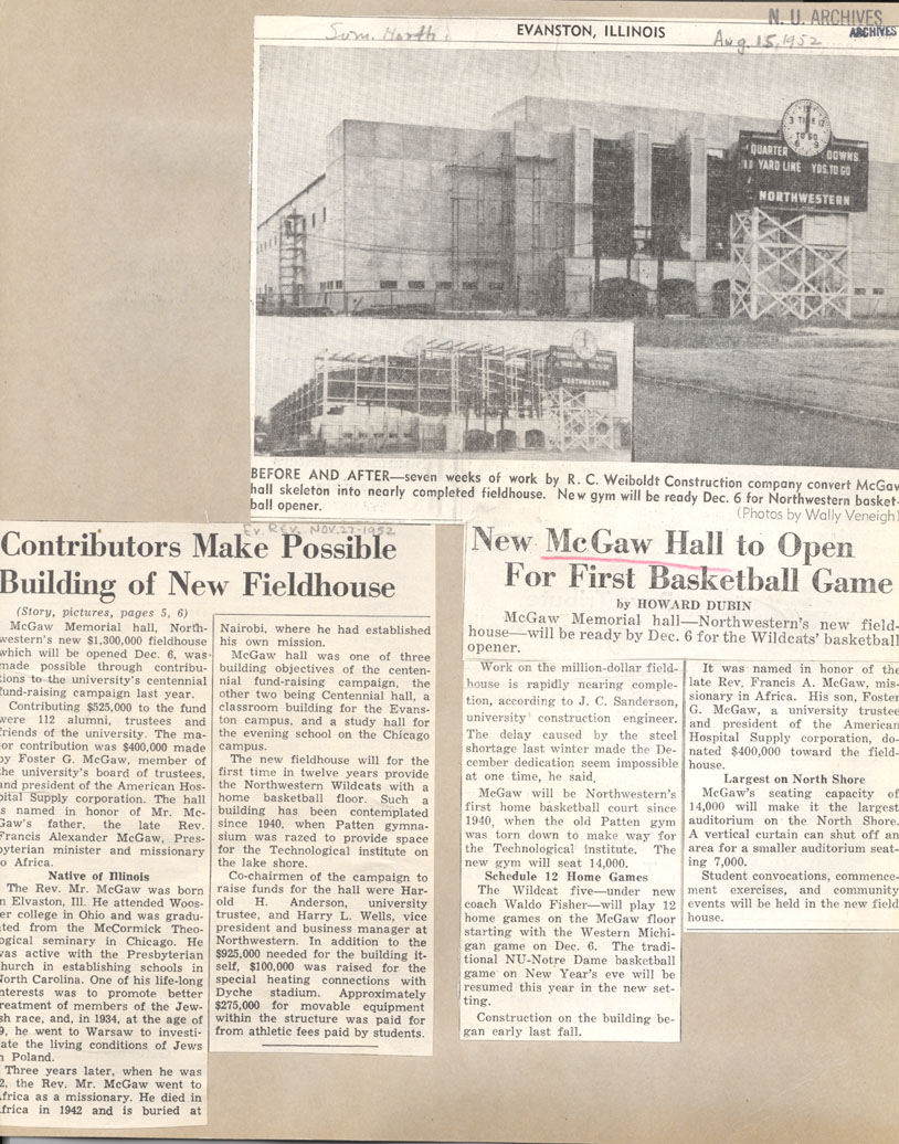 McGaw Memorial Hall, Clippings: "New Mc Gaw Hall to Open for First Basketball Game"