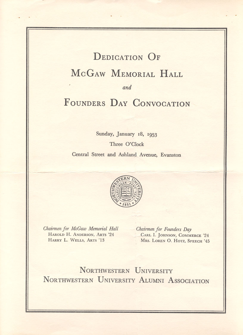 McGaw Memorial Hall, Dedication: Program Cover