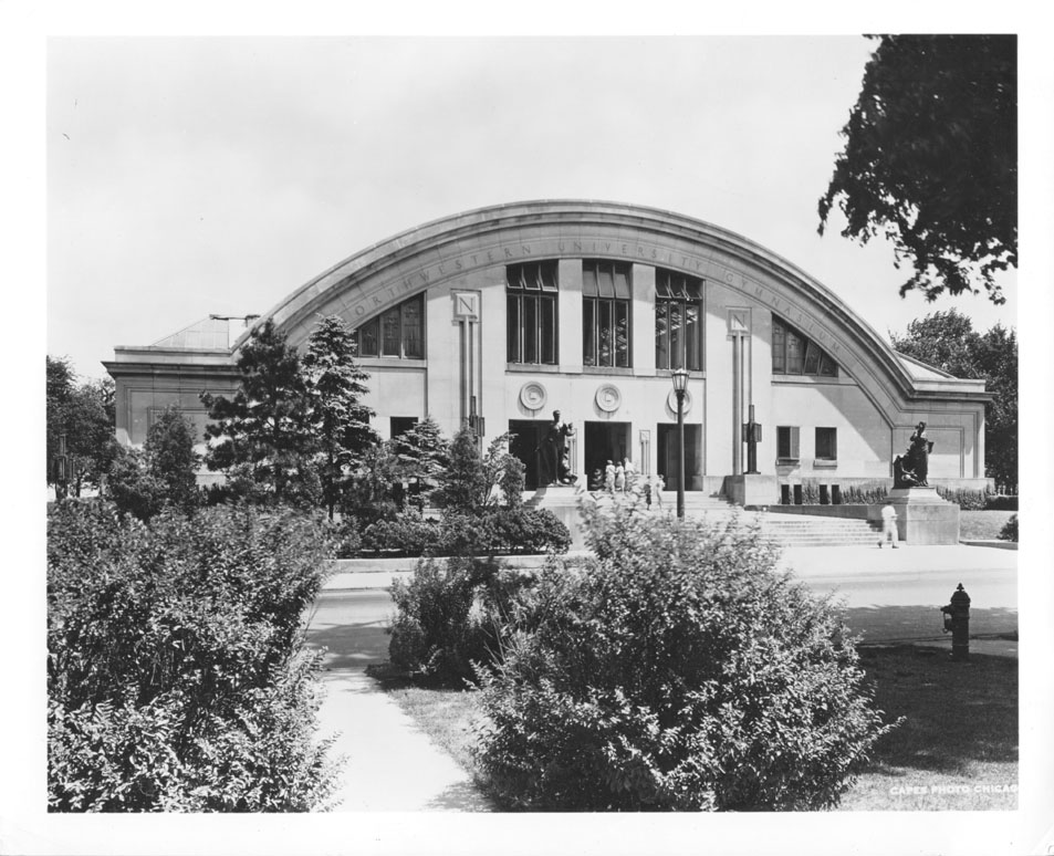 Patten Gym (Old), Exterior: with trees and bushes