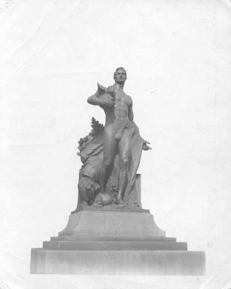 Patten Gym, Statues: "Jim" (male), representing "determination"