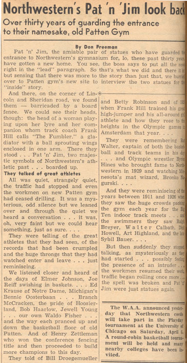 Patten Gym (New), Clippings: "Northwestern's Pat 'n' Jim look back"