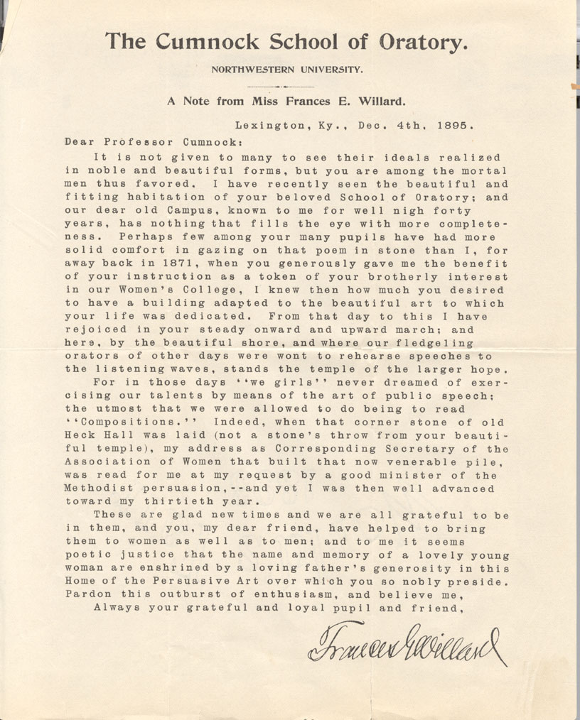 Annie May Swift (Cumnock School of Oratory): Letter from Frances Willard
