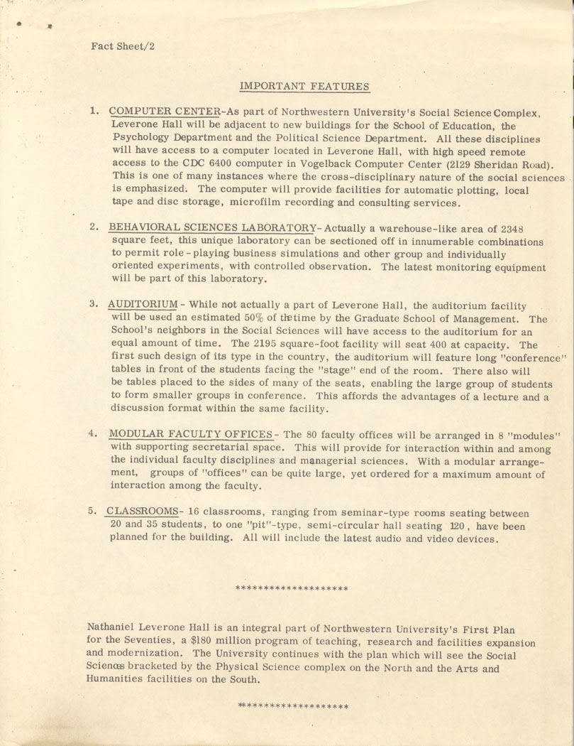 Leverone Hall: page 2 of Fact sheet for Leverone Hall