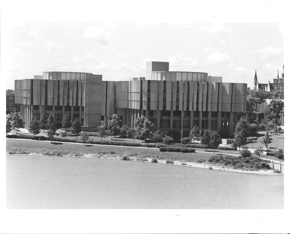 University Lib., Exterior: Lagoon in Foreground