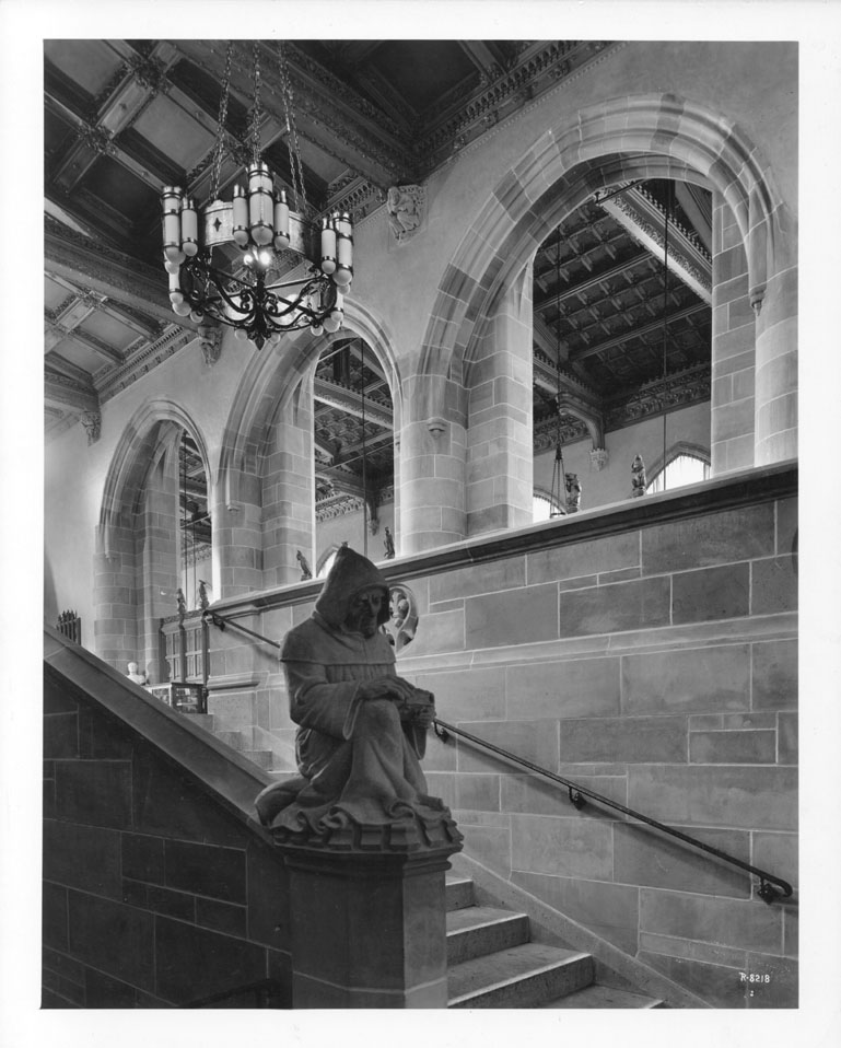 Deering Library, Interior: Monk Statue on Stair