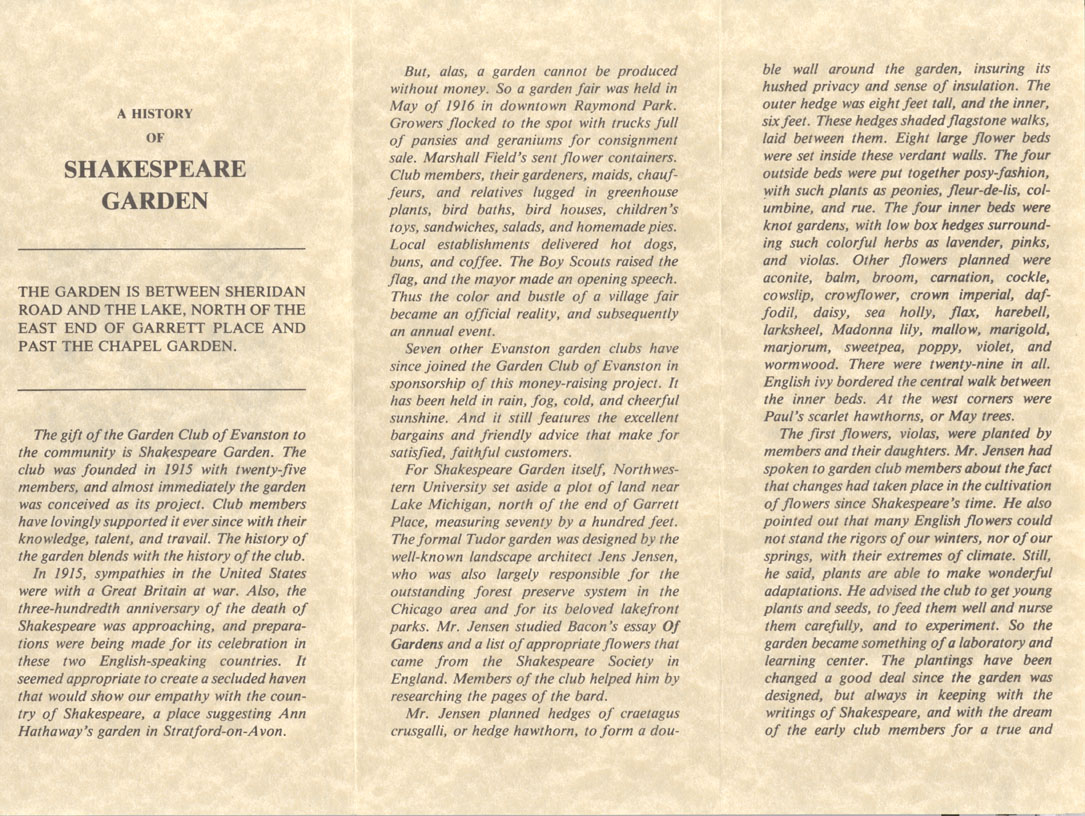 Shakespeare Garden: inside text of Garden Club Brochure