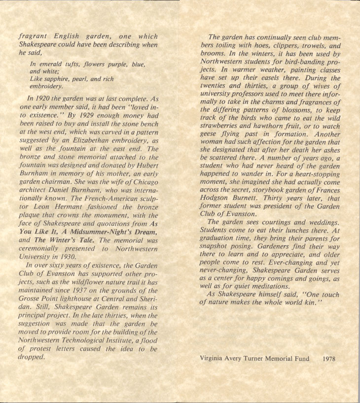 Shakespeare Garden: back page of Garden Club Brochure