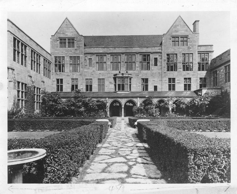 Levy Mayer Hall, Exterior: Cloister Garden, looking toward building