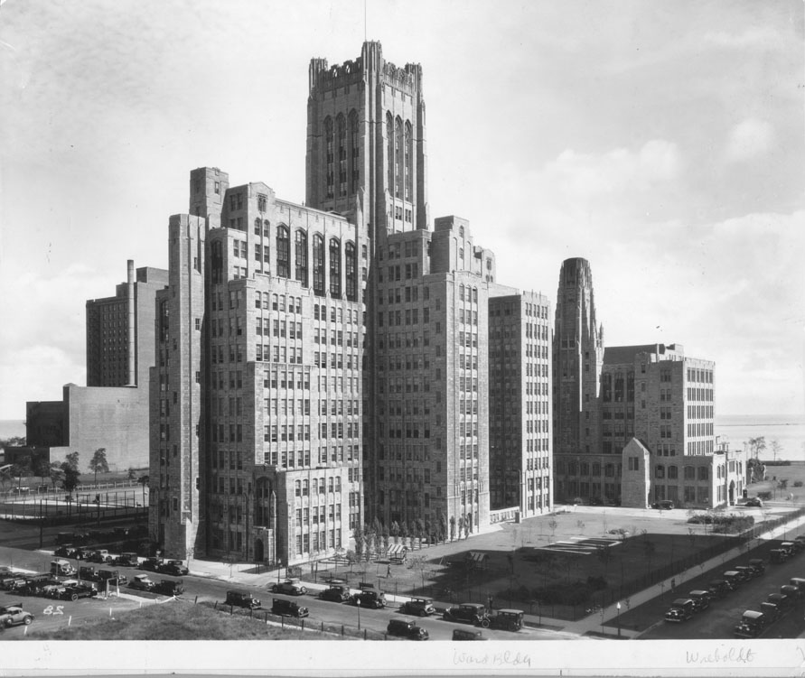 Mont. Ward, Exterior: SW view, with cars, Wieboldt Hall on right