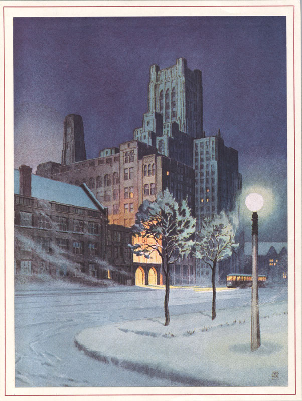 Mont. Ward, Drawing: Winter Scene with Street Lamp