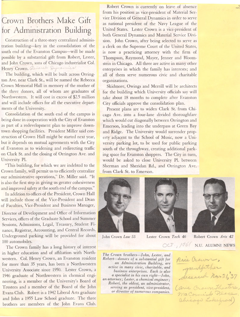 Rebecca Crown, Clippings: "Crown Brothers Make Gift"