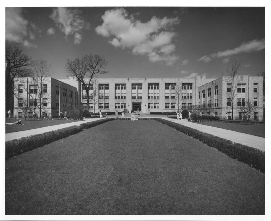 Kresge Hall: exterior, with large front lawn