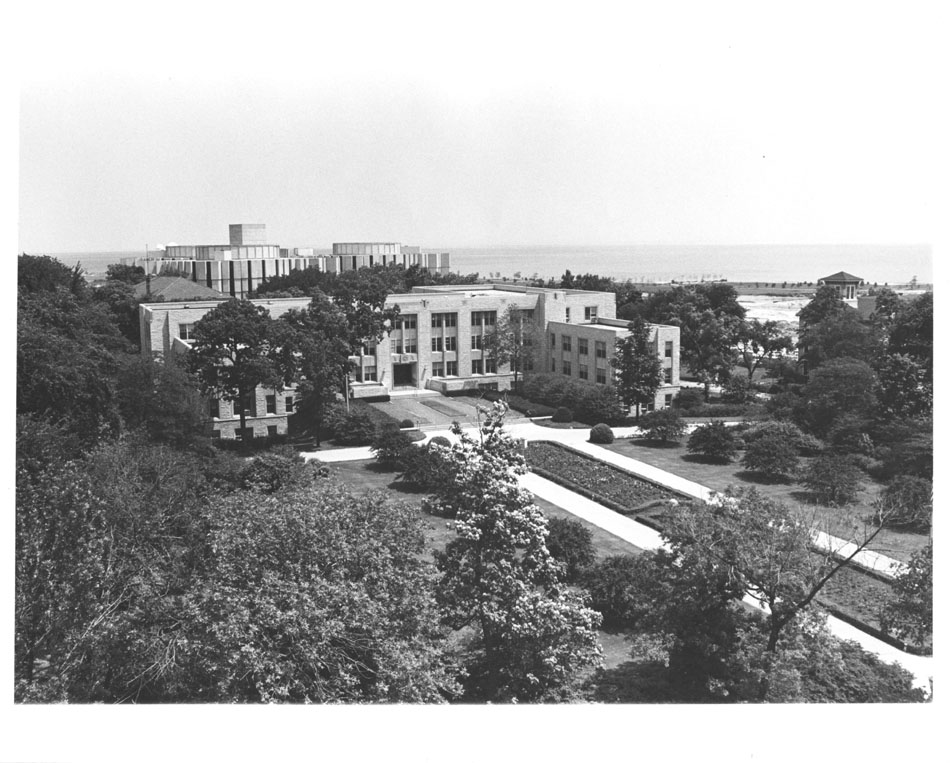 Kresge Hall: exterior with trees in foreground