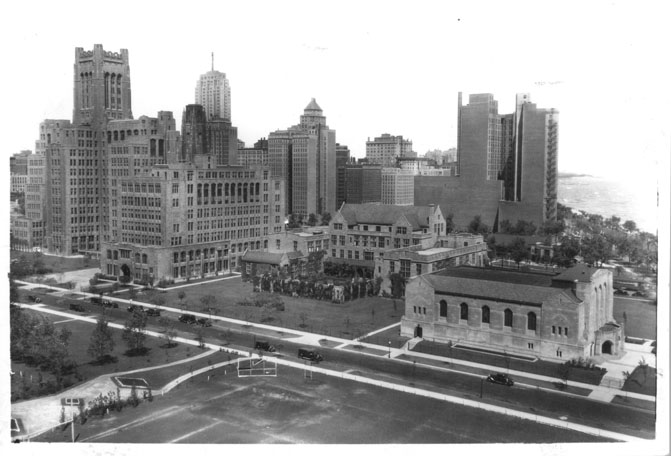 Chicago Campus: Aerial ca 1930s with cloister garden
