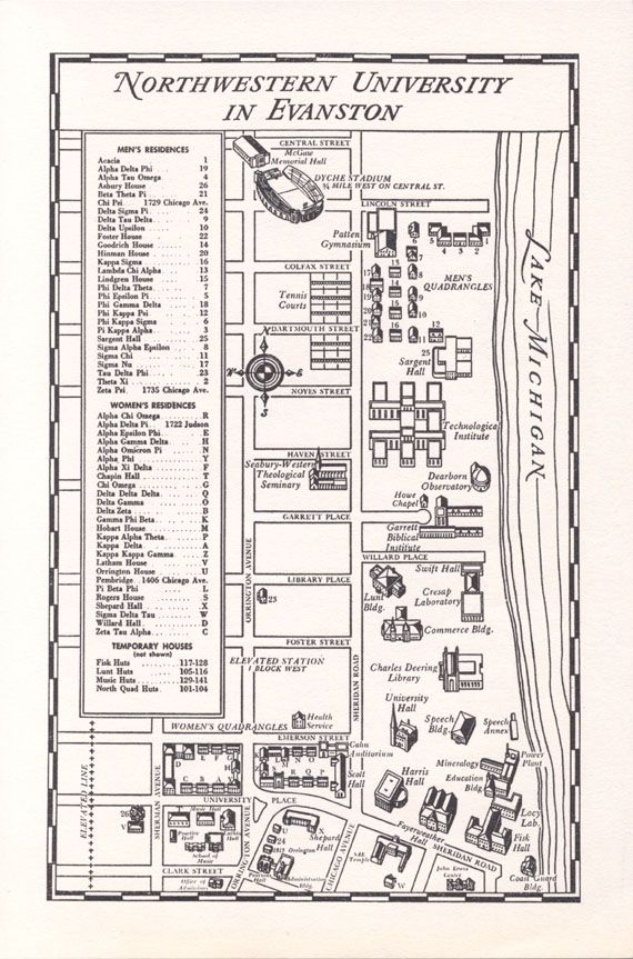 Evanston Campus: Map, "Northwestern University in Evanston" 1940s-50s