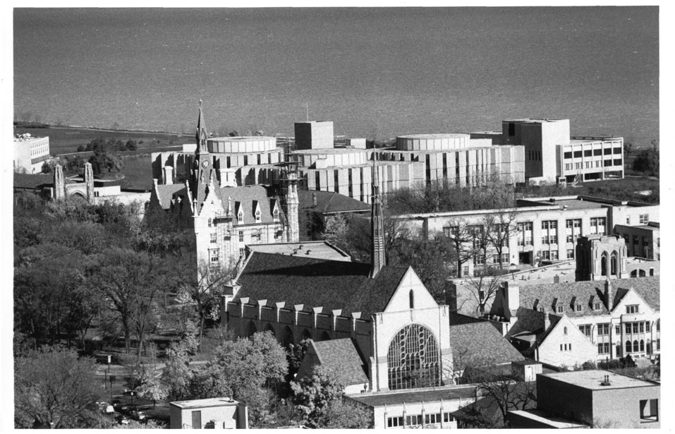 Evanston Campus: Aerial, Millar Chapel in foreground